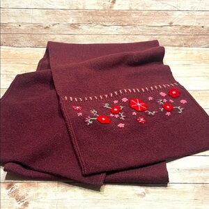J. Jill Burgundy 100% Wool Scarf With Embroidered pockets at the end